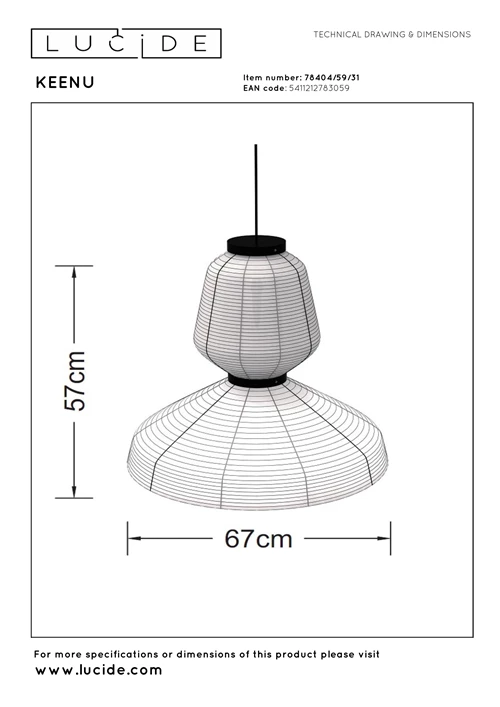 Lucide KEENU - Pendant light - Ø 67 cm - 1xE27 - White - Essential - technical